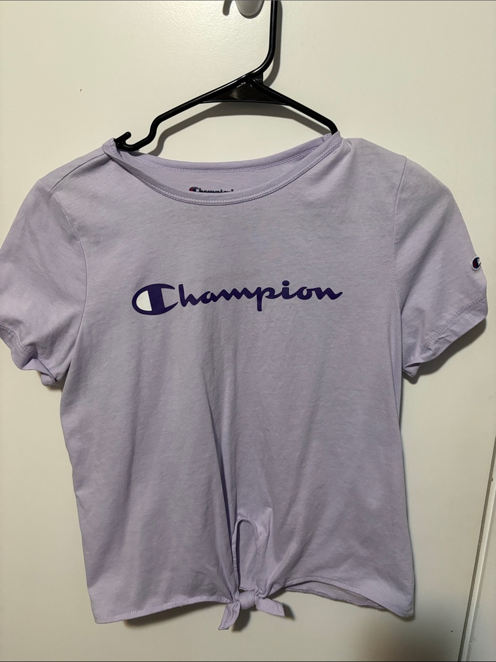 Champion Lavender Short-Sleeve Tee with Purple Logo and Tie Front